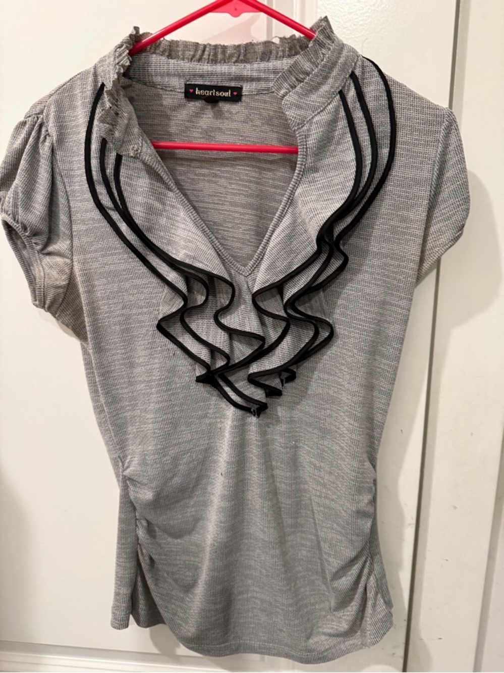 HeartSoul Gray Short Sleeve V-Neck Top with Black Ruffle Trim